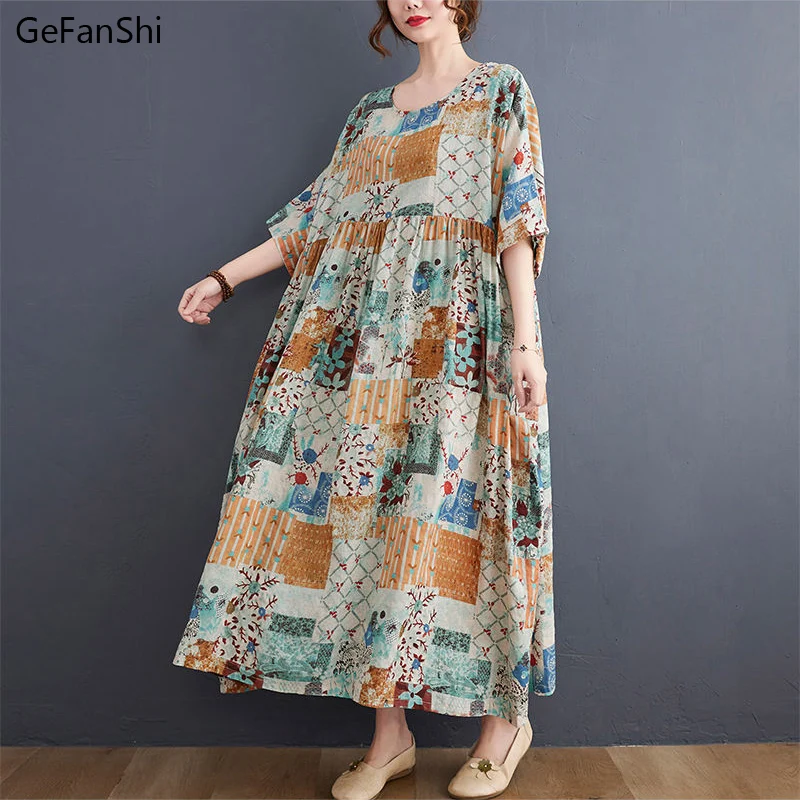 

Fashion 2021 New Summer Women Dress Vintage Print Cotton Linen Dress Casual Loose Half Sleeve O-Neck Elegant Office Lady Dresses