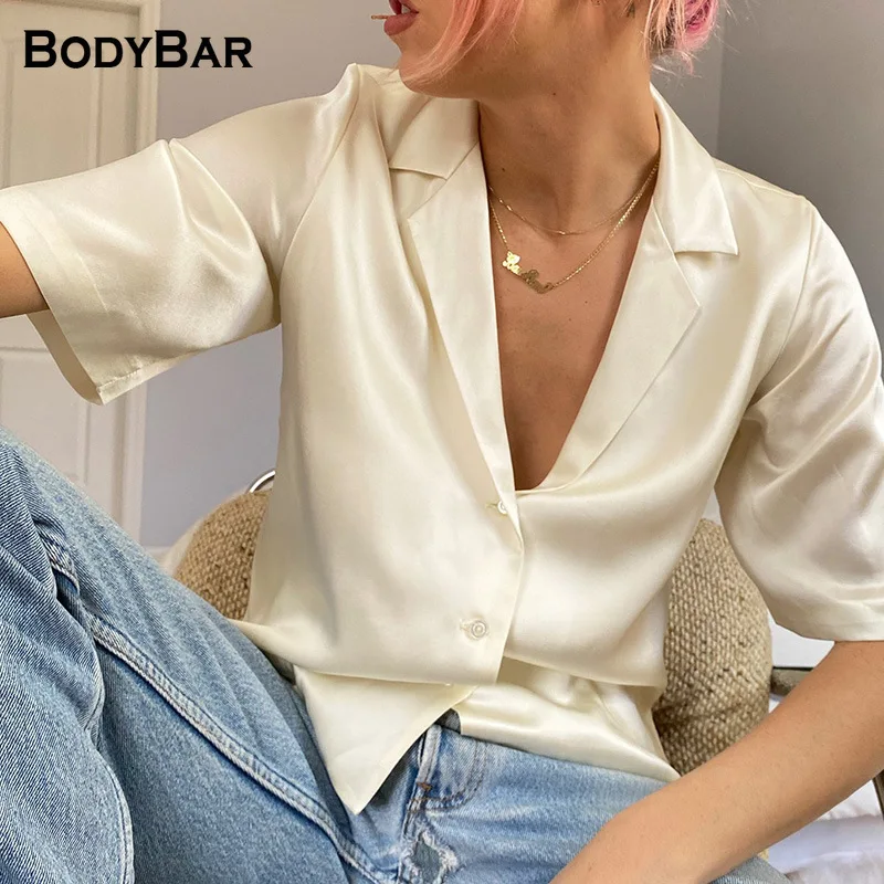 

Summer Short-sleeved Satin Blouse Single-breasted Button Elegant Shirt Nightclub Women Blusas Spring Pure Color Streetwear Femme