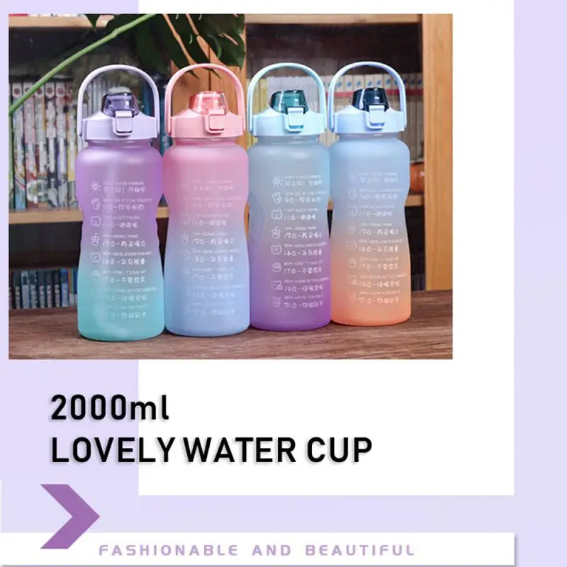 

2L Large Capacity Water Bottle Time Scale Frosted Outdoor Sports Straw Cup Portable Fitness Bicycle Gradient Couple Cup