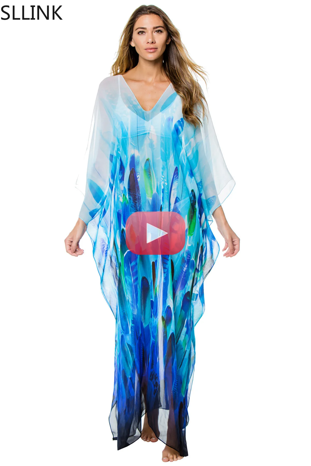 

Beach Cover-up Chiffon Leaves Printed Loose Bikini Robe Sun Protection Beach Cover-up Cross