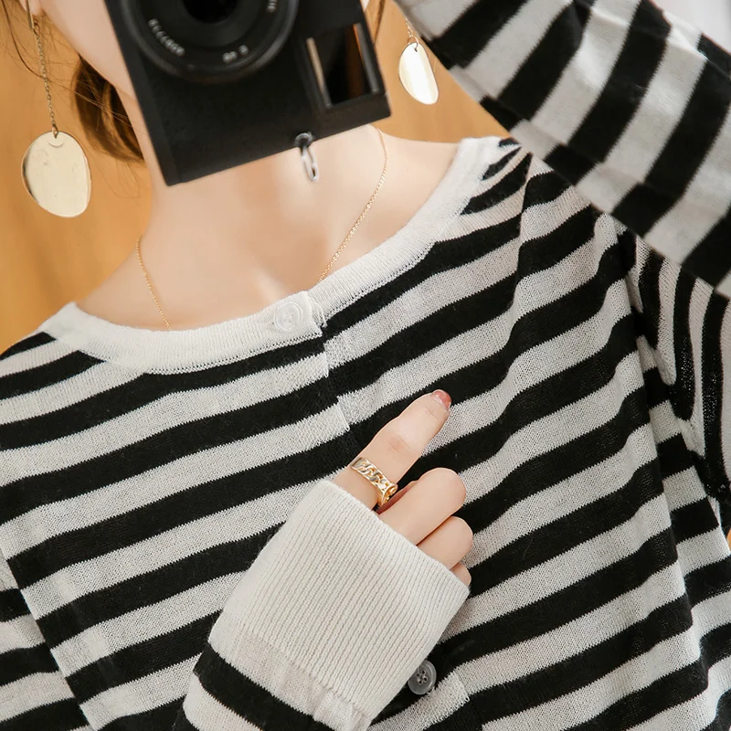 

Lafarvie Wool Blends Sweater Cardigan Women For Spring Autumn Tops O Neck Sleeve Striped Casual Knitting Clothing 2021 Loose