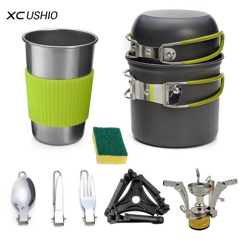

Походный Набор посуды набор Алюминий кухонная посуда из сплава посуда Пеший Туризм Пикник барбекю плита, включая горшок чашка газовая плита Аксессуары для посуды