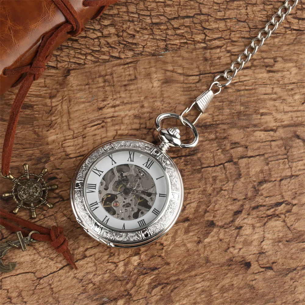 Silver Mechanical Pocket Watch Manual Mechanism Pendant Fob Chain Clock Transparent Glass Cover Roman Numerals Retro Timepiece