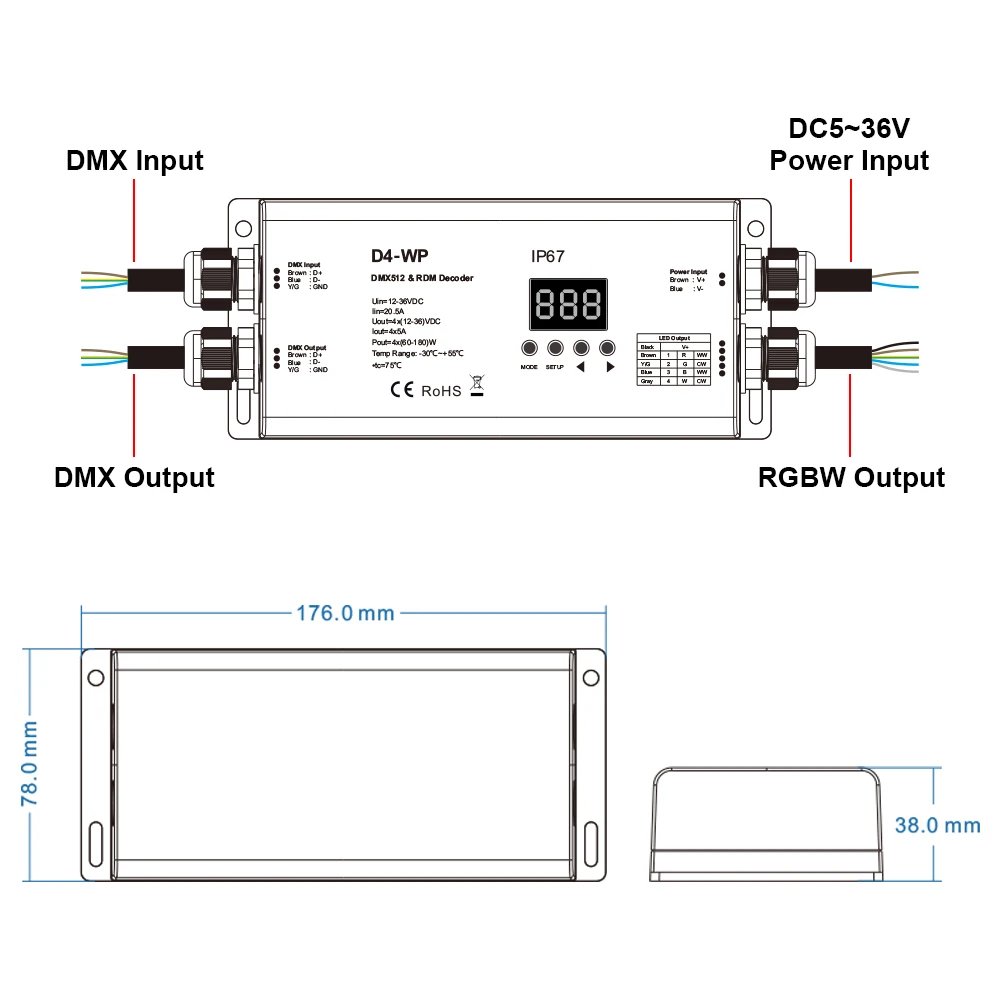 IP67 водонепроницаемый DC5 ~ 36В 5A 4CH ШИМ постоянное напряжение контроллер dmx DMX512