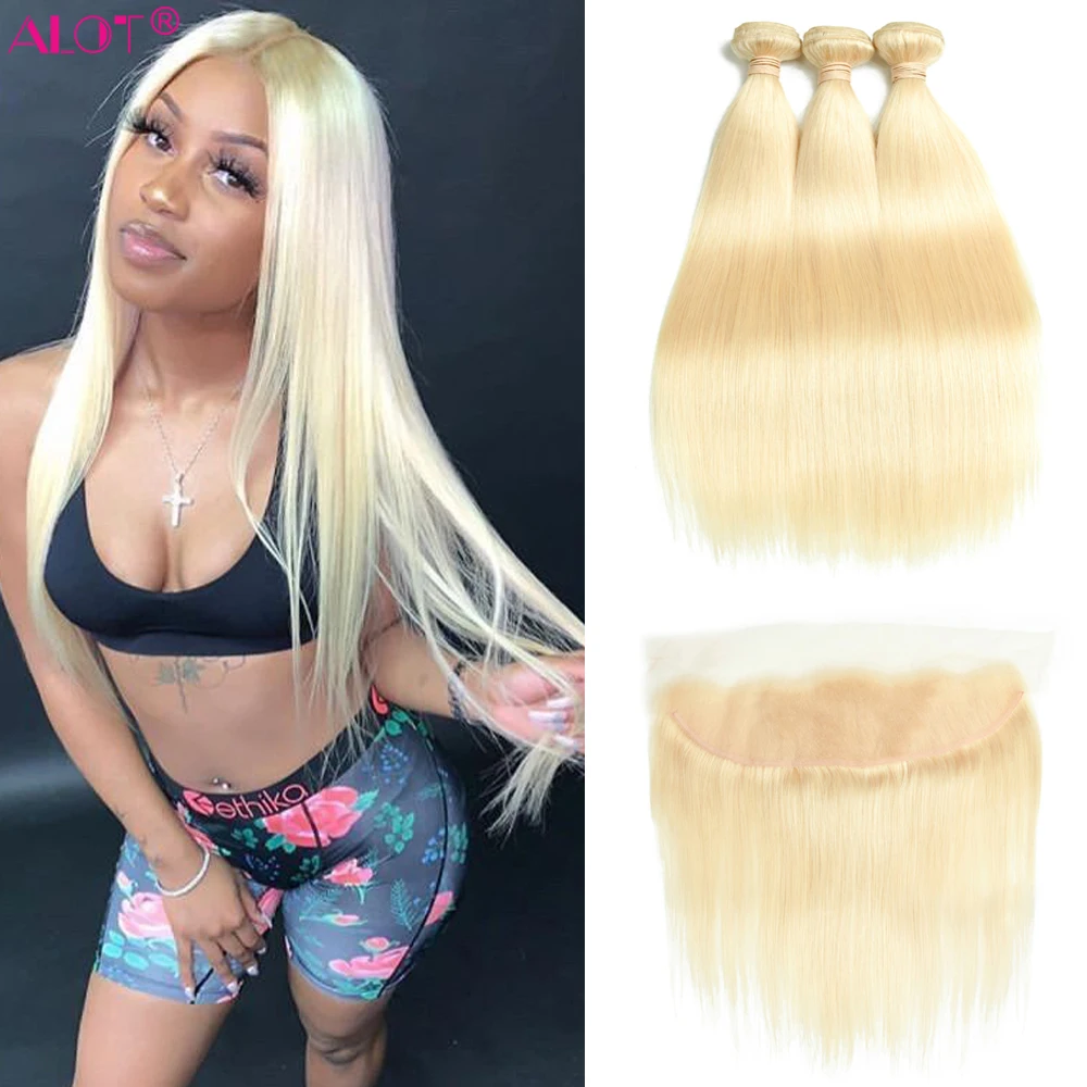 613 Bundles With Frontal Brazilian Straight Blonde Lace Frontal With Bundles Remy Human Hair Weave 3 Bundles With 13x4 Closure