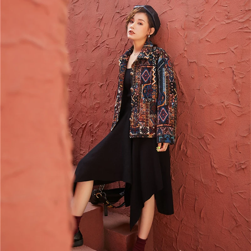 

Autumn Winter Arts Style Women Long Sleeve Vintage Print Short Coat Loose Fashion Streetwear Single Breasted Thicken Jackets Top