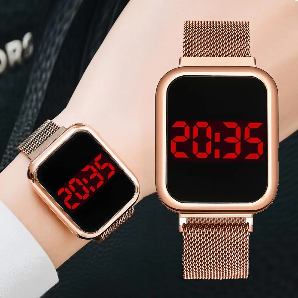 

Luxury Digital Magnet Watches For Women Rose Gold Stainless Steel Dress LED Quartz Watch Female Clock Relogio Feminino Drop Ship