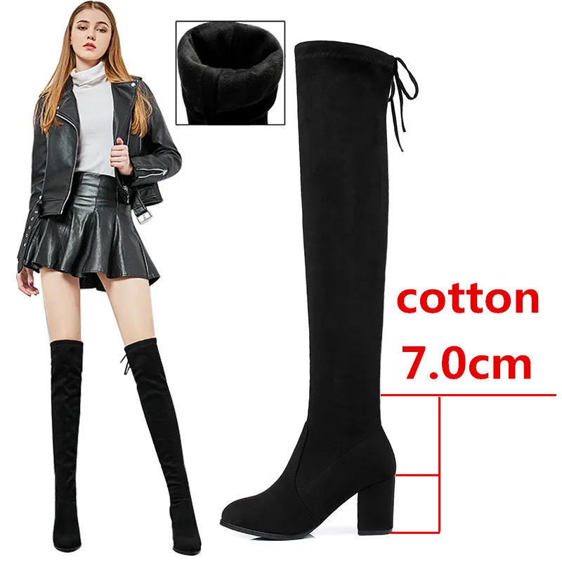 7cm heel cotton Пикантные облегающие эластичные ботфорты из флока; женская обувь; коллекция года; сезон осень-зима; женские высокие сапоги до бедра на высоком каблуке; botas - Цвет: 7cm heel cotton