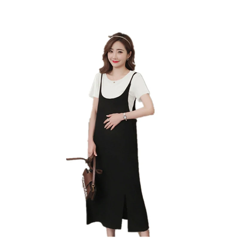1927# 2PCS/Set Summer Korean Fashion Maternity Long Dress Sexy Sweet Side Splits Sling Dress for Pregnant Women Pregnancy Shirt