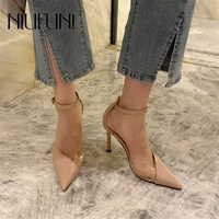 summer pointed pvc transparent sandals black white mixed color stiletto high heels patent leather women shoes buckle pump simple