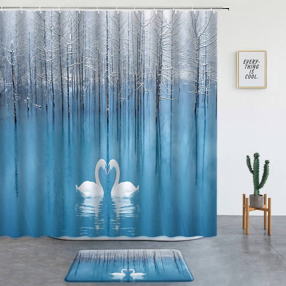 

2 Pc Winter Landscape Shower Curtain Set Bath Mat Swan Lake Forest Elk Bathroom Decor Washable Fabric Non-slip Carpet With Hooks