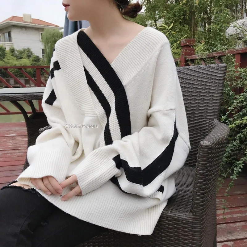 

Spring autumn new casual Korean style knitted tops woman v-neck full sleeve loose patchwork Women's Clothing striped Sweaters