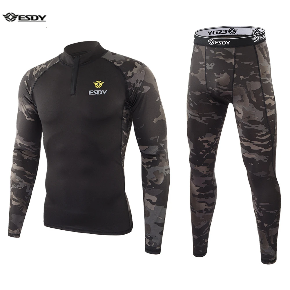 

ESDY Winter New Outdoor Sports Thermal Underwear Men's Cycling Jersey Fleece Camouflage Thermal Underwear Sports Suit Frog Suit