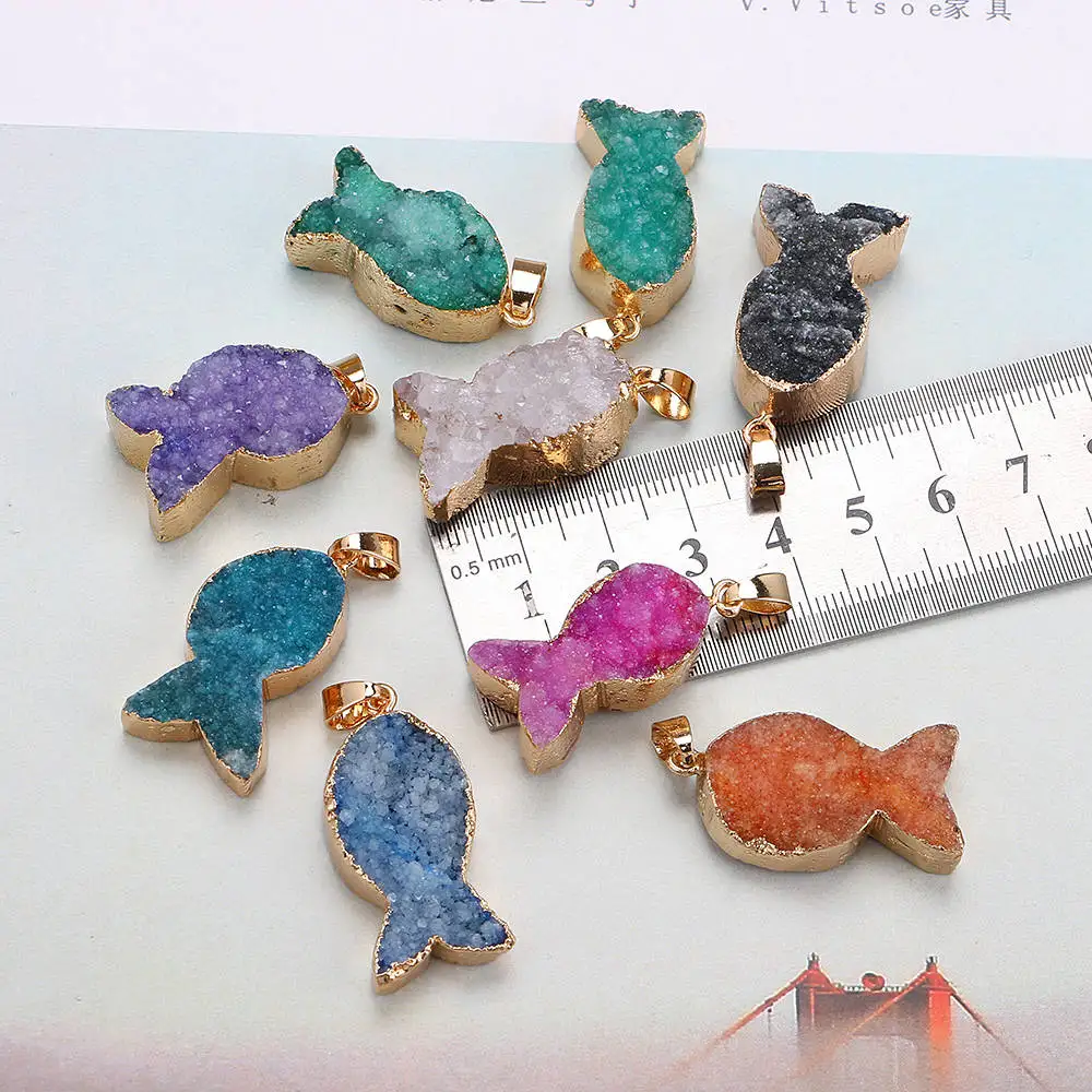 Natural Stone Crystal Bud Necklace Pendant Clustered Fish Alloy Bezel Small Used in Jewelry DIY Accessories | Украшения и