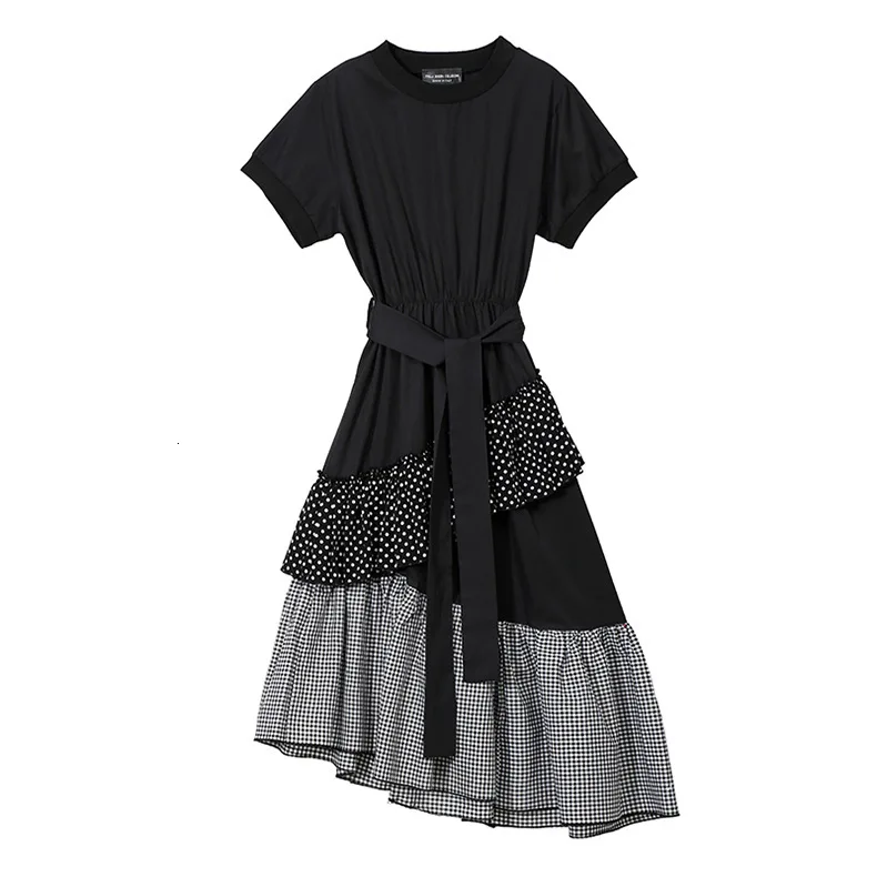 [EAM] New Spring Summer Round Neck Short Sleeve Hem Dot Irregular Plaid Printed Loose Dress Women Fashion Tide JT0880