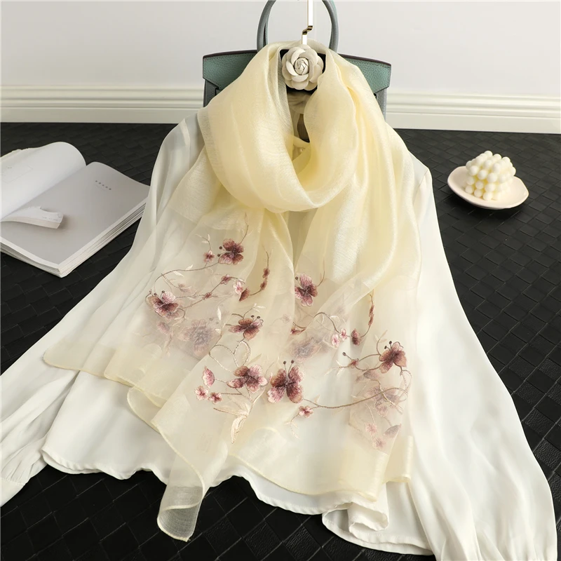 

Women Silk Wool Scarf Embroidery Floral Neckerchief Long 190*70cm Shawl and Wraps Muslim Headscarves Hijab Bufanda Echarpe 2022
