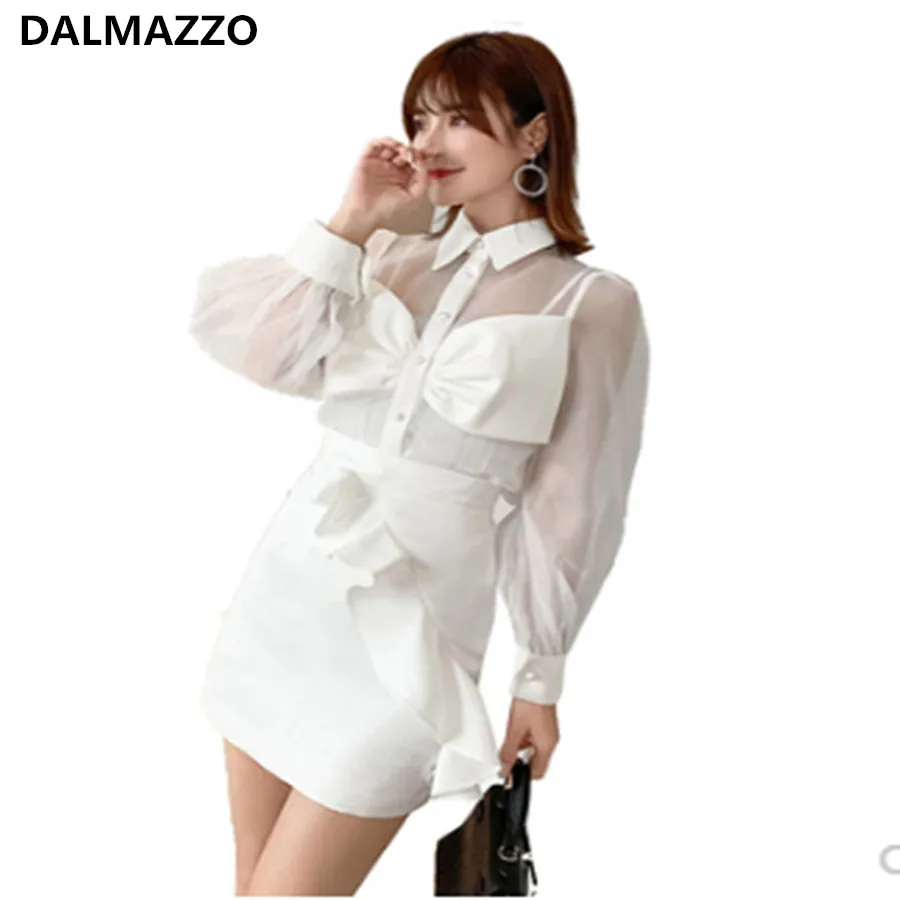 Женский костюм-двойка белая рубашка с длинным рукавом и бантом мини-юбка осенний