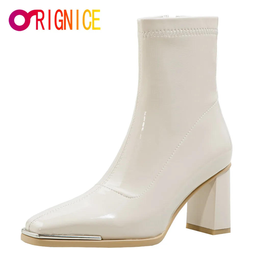 Женские ботильоны из лакированной кожи Orignice с металлическим носком на высоком