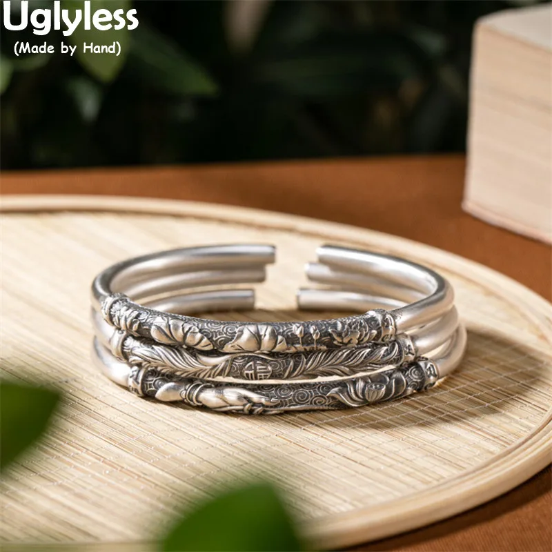

Uglyless Engraved Buddha Hand Lotus Thai Silver Bangles for Women Solid 999 Pure Silver Open Bangles Ethnic Eastern Beauty Jewel