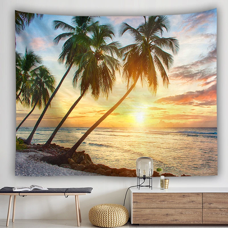 

beach trippy tapestry wall sheet room decoration palm wall hanging beach sea wall carpet wall cloth tapestries