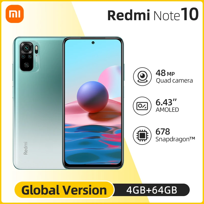 Глобальная версия Xiaomi Redmi Примечание 10 4 ГБ/64 ГБ/4 Гб 128 телефон Snapdragon 678 48MP Quad Camera