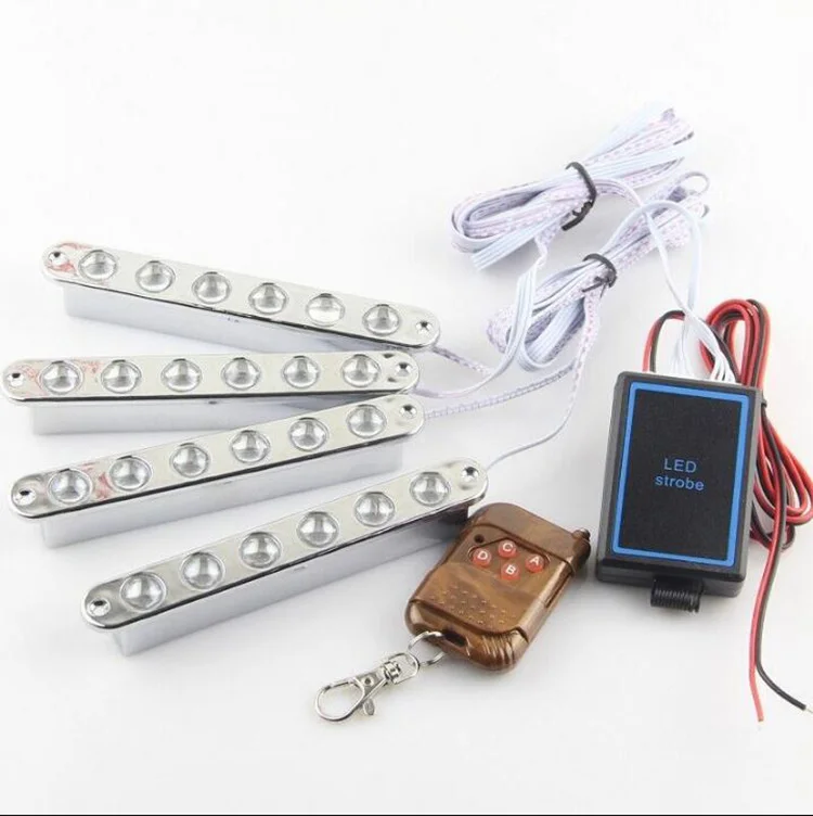 

Car led medium network flash lamp high power road opening lamp red and blue flash wireless remote control one drag four 9LED