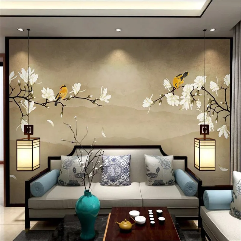 Настенные обои на заказ в китайском стиле цветы магнолии ручная роспись и птицы