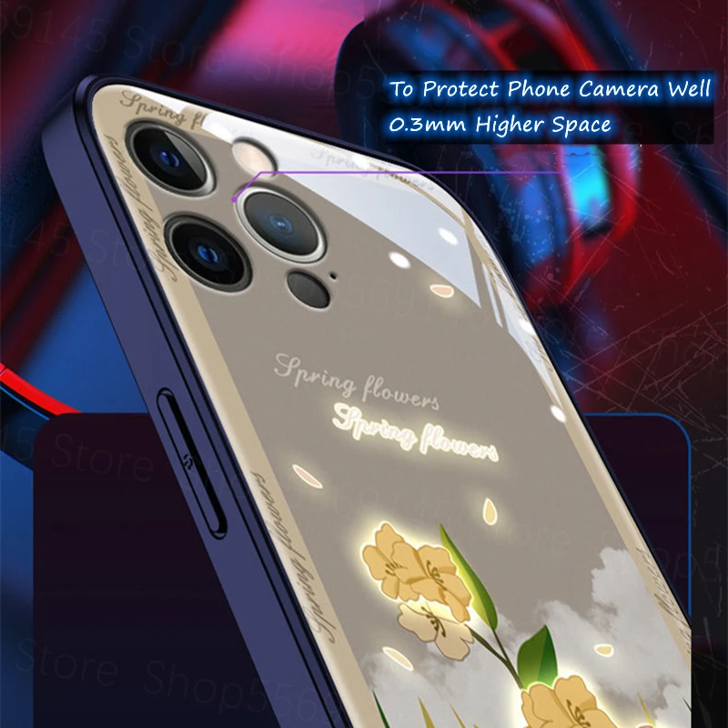 Luxury Bright Red Rose Peony Flowers Phone Case For iPhone 12 11 Pro Xs Max Mini XR SE 7 8 Soft Call LED Luminous Fundas Cover