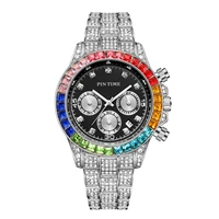 mens silver watch hip hop fashion colorfunl diamond bezel watches for men stainless steel full iced out rainestone wristwatch