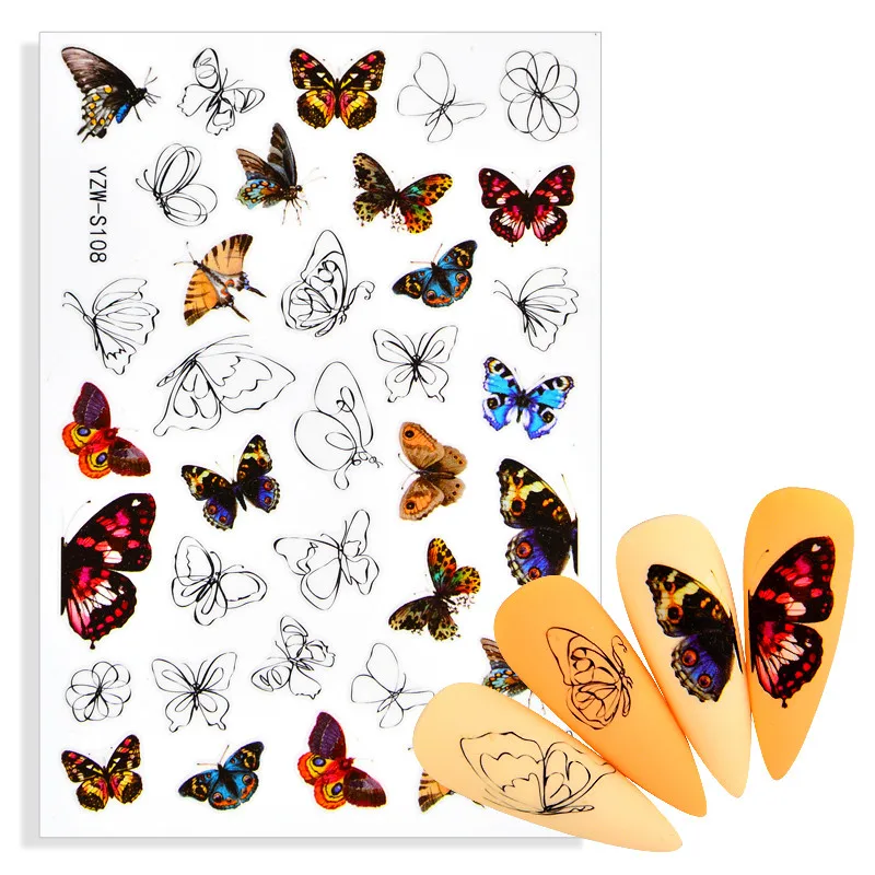 

1pc Blue Nail Stickers Pink Colorful Butterfly Art Sticker With Adhesive DIY Extension Nail Decoration