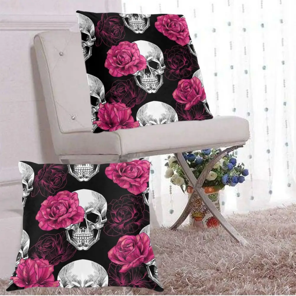 

Skulls And Pink Roses Pillow Case Polyester Throw Pillow Case Decorative Pillowcases Cover