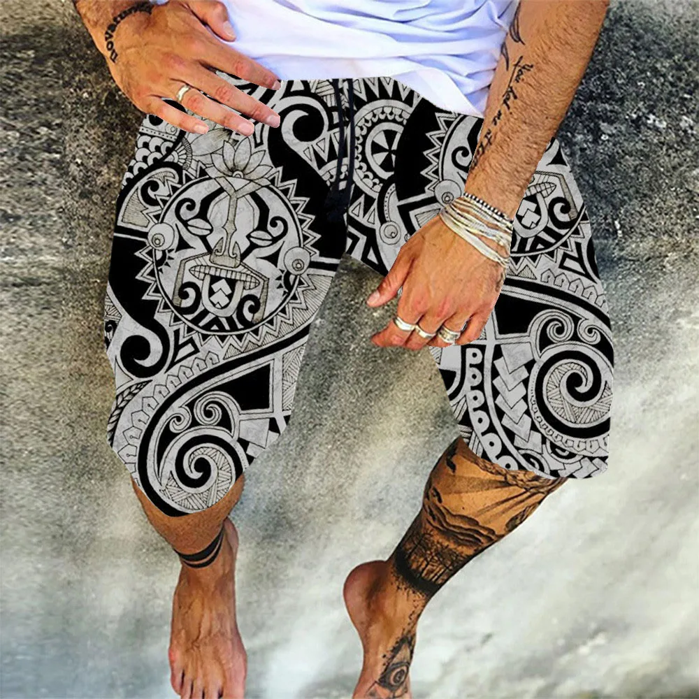 

2021 Summer Men Casual Pants Geometric Print Shorts Straight Knee Length Africa Man Plus Size Fashion Beach Pantalones Cortos