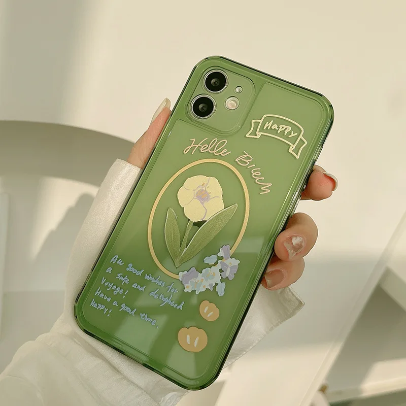 

Shockproof Green Soft Silicone Phone Case Flower Tulip Cute Cover for Iphone 11 12 Mini Pro Max 8 7 Plus X XR Xs Max Shell Funda
