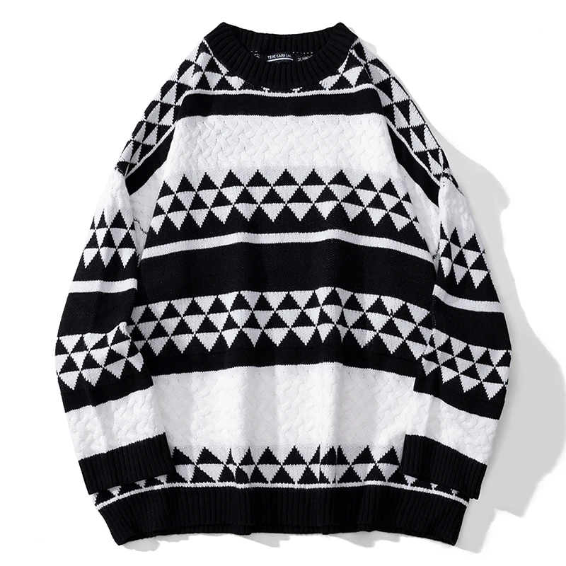 

Harajuku Winter Sweaters Men Oversized Fashions Baggy Warm Striped Triangle Youthful Knitting Pullover Women Streetwear