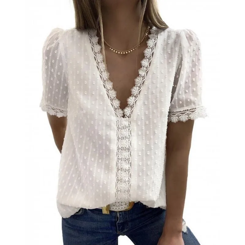 

Women V Neck Short Sleeve Lace Shirts Vintage Elegant T-shirts Casual Feamle Tops