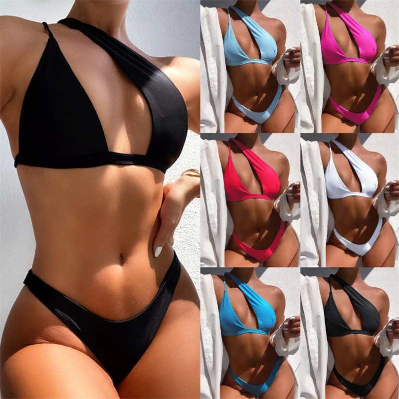 GNIM One Shoulder Bikini Swimsuit Women 2 Pieces Hollow Out Swim Bathing Suit Beachwear Solid Swimwear Summer 2020 Biquini Set | Женская