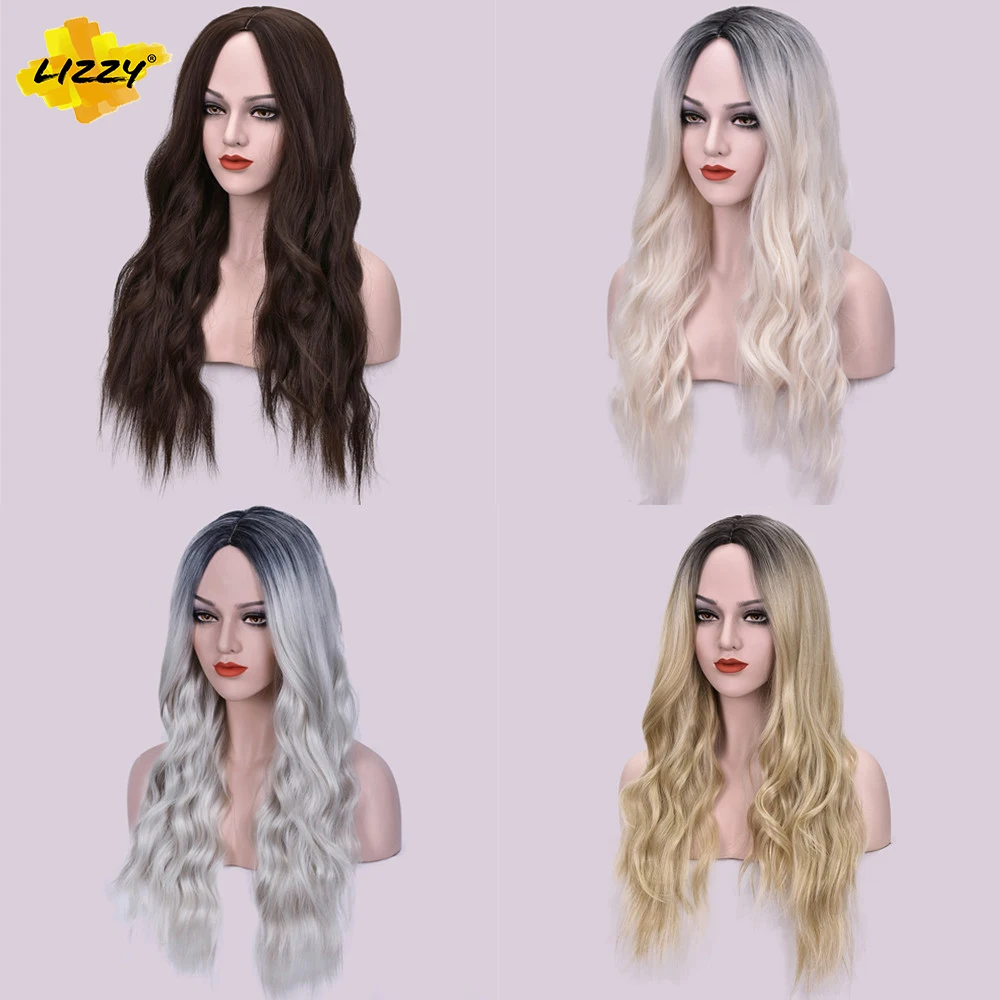 Long Wavy Synthetic Cosplay Wigs For Women Natural Middle Parting Dark Brown Platinum Blonde Hair Heat Resistant Fiber Daily Use | Шиньоны и