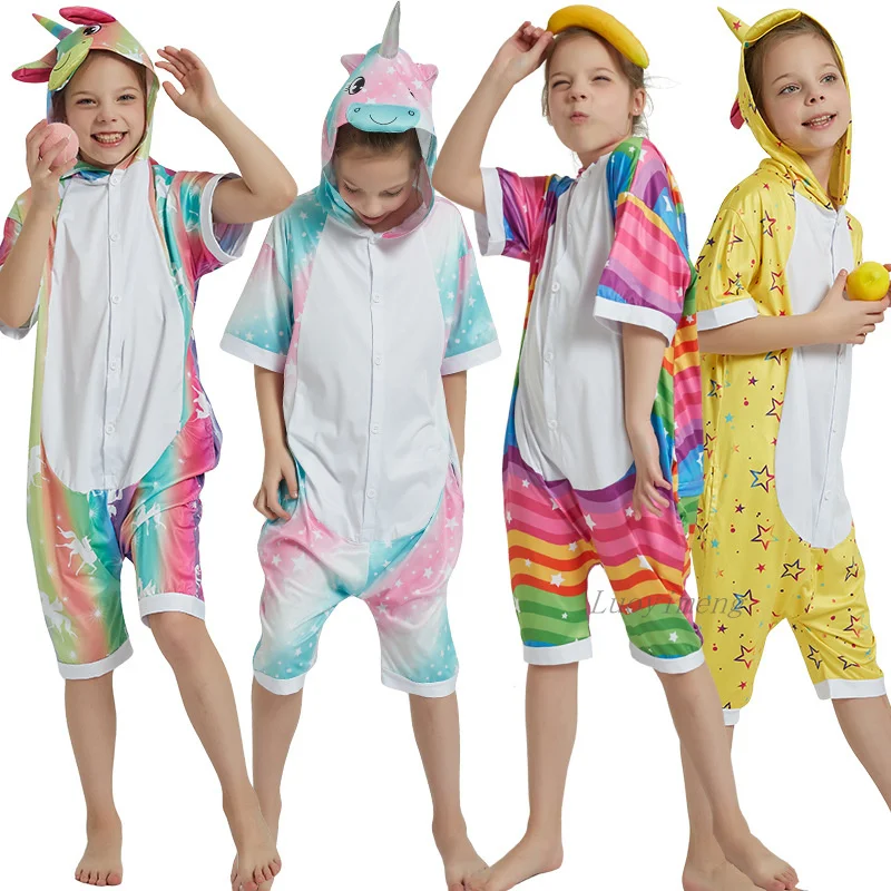Pijamas de animales de verano para niñas, ropa de dormir de unicornio Kigurumi, pijamas de manga corta, monos de unicornio con capucha
