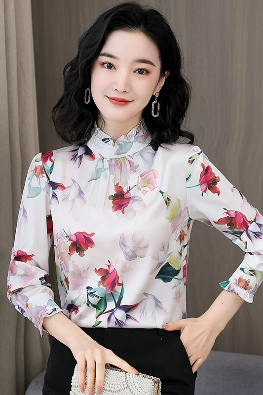 

Silk Slim Women's Blouses New Casual Blouse Fashion Long Sleeve Top Printing Ruffled Pullover Spring/autumn Houthion