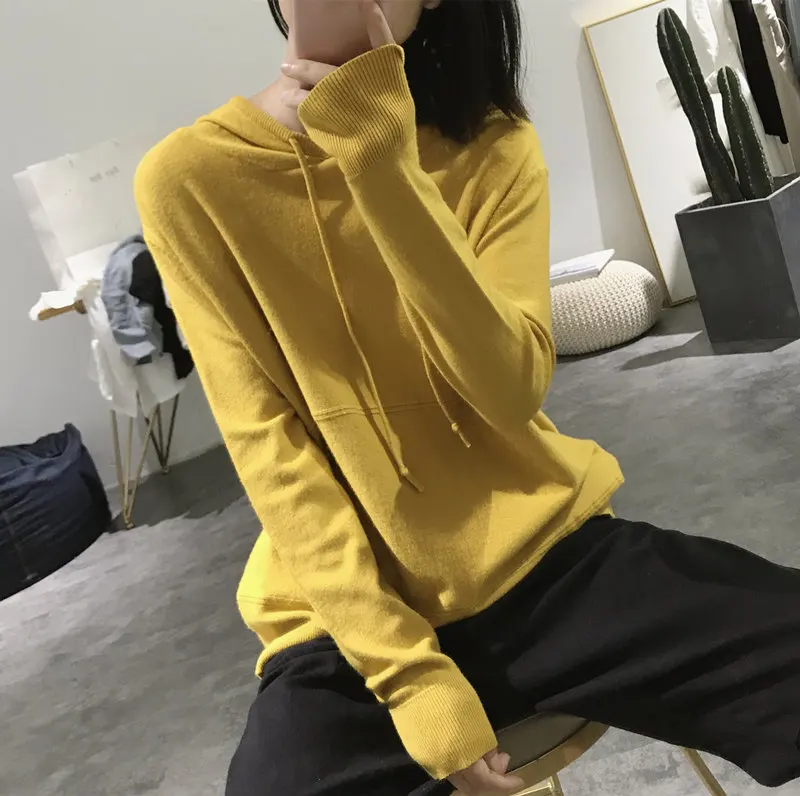 Женский кашемировый свитер с капюшоном мягкий однотонный вязаный пуловер