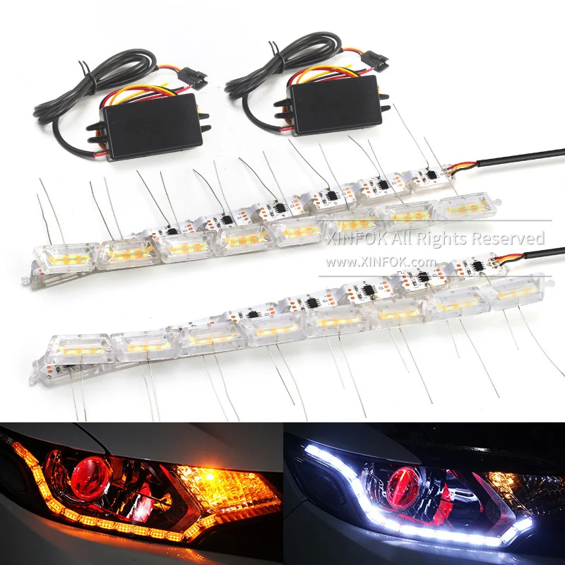 Последовательный поток стиль автомобиля гибкий белый/янтарный Switchback LED DRL дневные ходовые огни с сигналами поворота автомобильный стиль