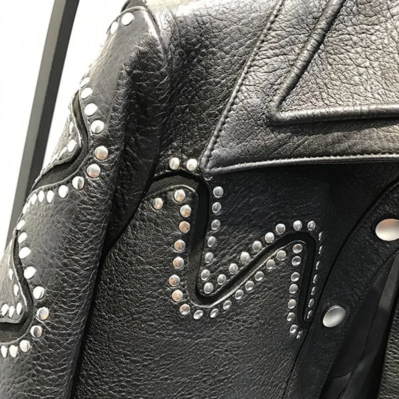 

Luxury Heavy Work Rivet Tassel Real Leather Female jackets Moto Biker Single Breasted Lapel Womens Sheepskin Solid Short Coats
