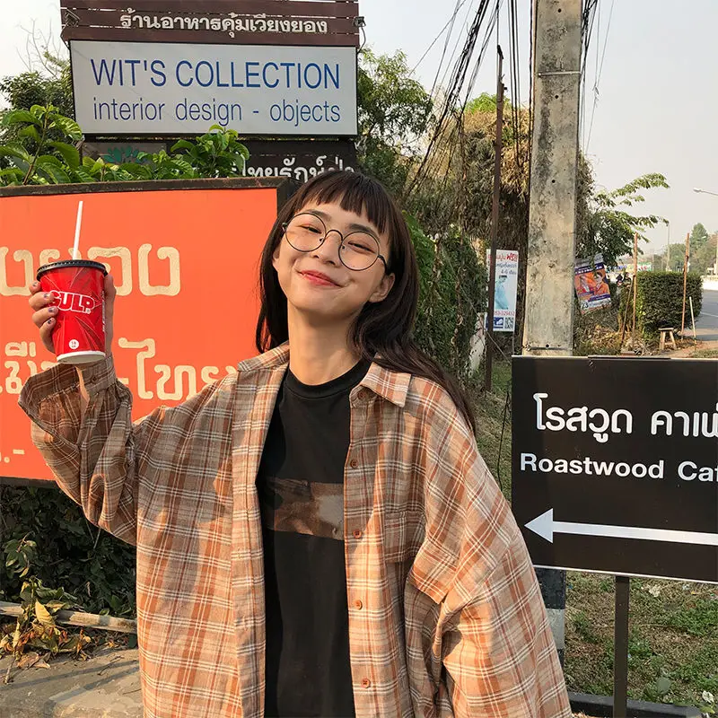 

Shirts Women Long Sleeves Retro Plaid Vintage Spring Harajuku Shirt Student Casual Loose Oversize 2XL Female Outerwear Blouses