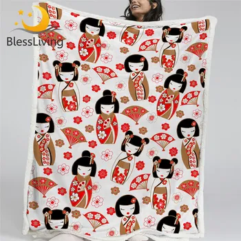 Blessliving Japanese Dolls Blankets For Beds Sakura Flower Soft Blanket Kokeshi Linen Blanket Cartoon Bedding Koce Dropshipping 1
