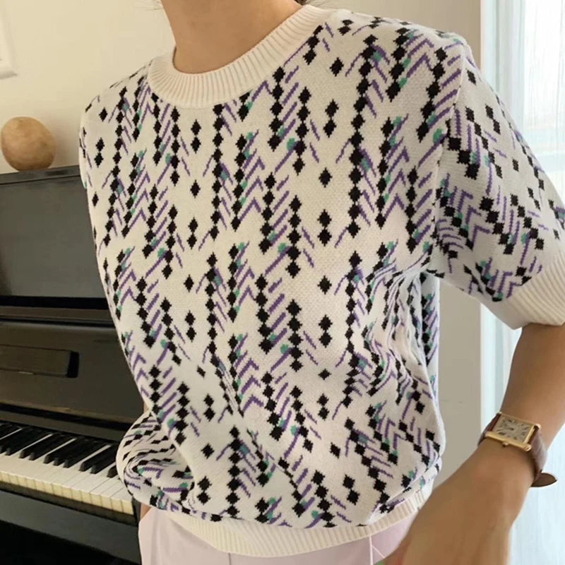 

ZAWAHIKI Korean Vintage Knitted Pullover Spring O Neck Short Sleeve Geometric Contrast Color Print Tops Loose Women Clothing
