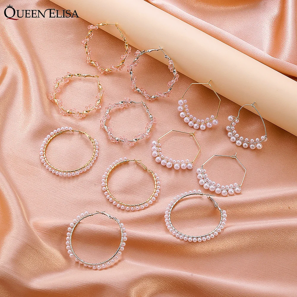 

Round Pearl Hoop Earrings Set For Women Party Jewelry Fashion Big Circle Hoops Statement Earring Girls Birthday Gifts