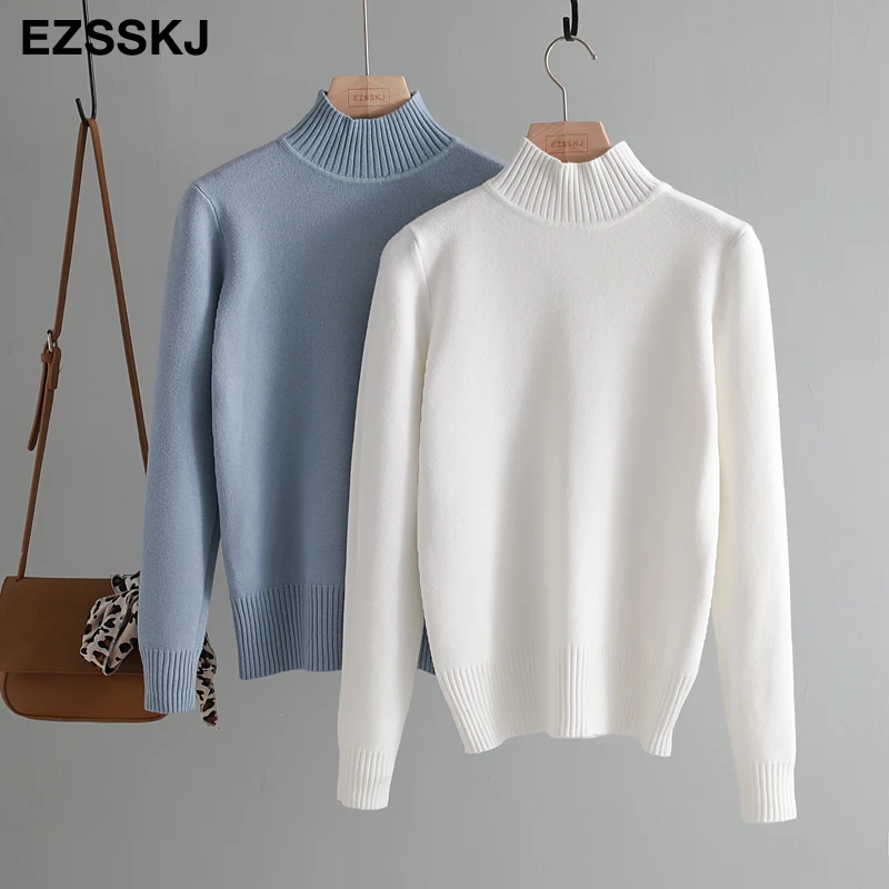Korean Style Loose Sweater Women Pullover Casual Half Turtleneck Long Sleeve Knit Female Jumpers solid basic sweater | Женская одежда