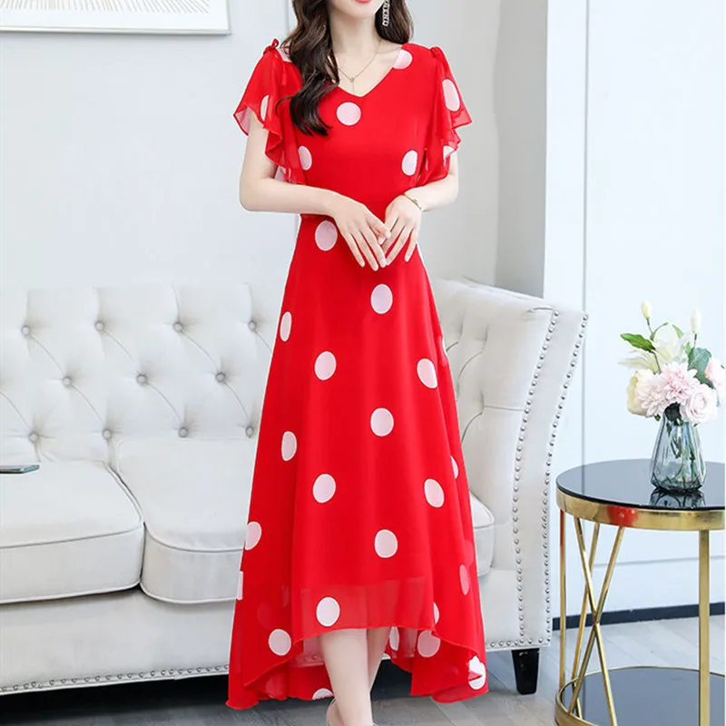 

Summer Polyester Women's Dress V-Neck Short Sleeve Pullover Polka Dot Print Asymmetrical Red Black Fashion Office Lady Dress