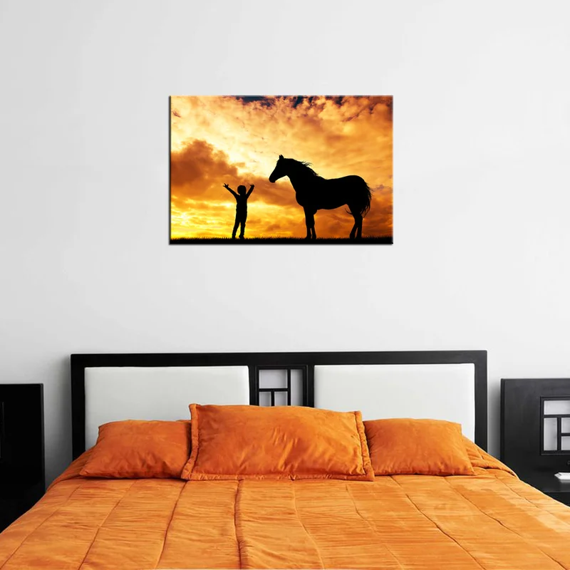 Лошади и ребенка Закат силуэт Плакаты печать холст пейзажи Африки домашний декор