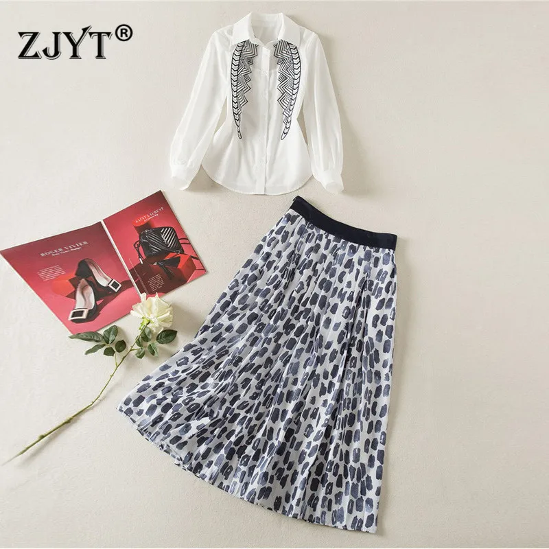 

2022 Spring Runway Dress Suits for Women Elegant Long Sleeve Embroidery Blouse with Skirt Sets Female Party Two Piece Outfits